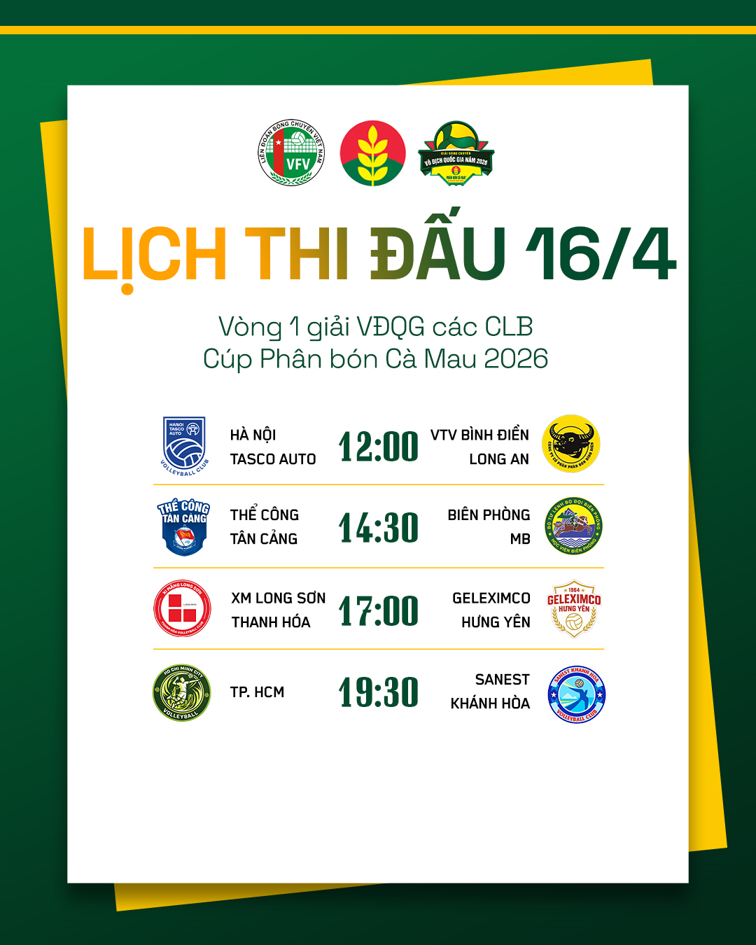 Lịch thi đấu bóng chuyền vô địch quốc gia hôm nay (16-4)